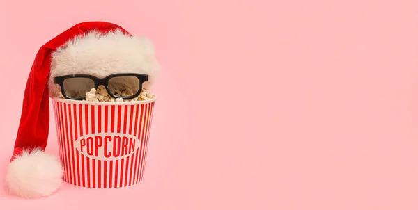 Bucket Popcorn Santa Hat Glasses Pink Background Space Text — Stock Photo, Image