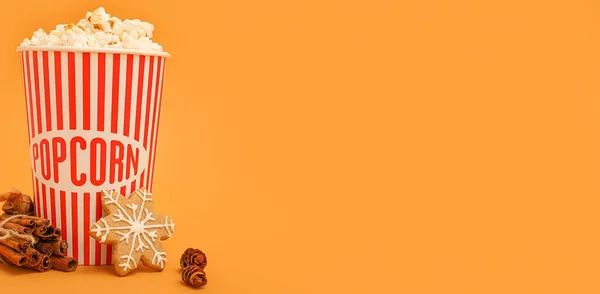 Bucket Popcorn Christmas Cookie Cinnamon Orange Background Space Text — Stock Photo, Image