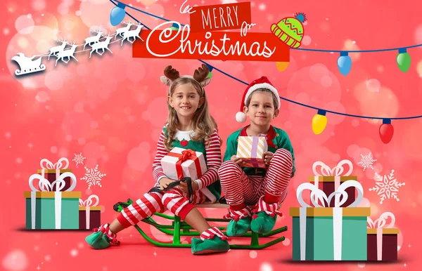 Vánoční Přání Roztomilými Elfy Červeném Pozadí — Stock fotografie