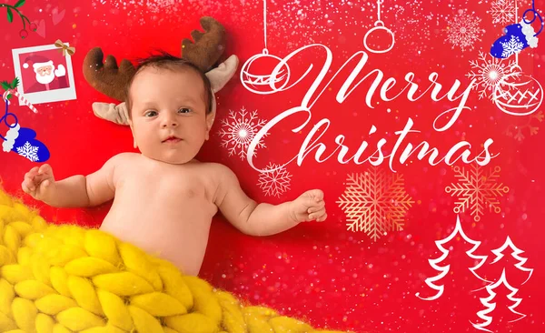 Kartka Świąteczna Uroczym Dzieckiem Czerwonym Tle — Zdjęcie stockowe