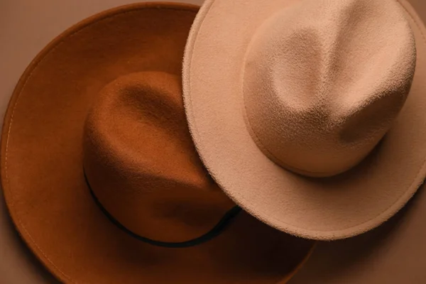 Closeup View Stylish Felt Hats Brown Background — Stock Photo, Image