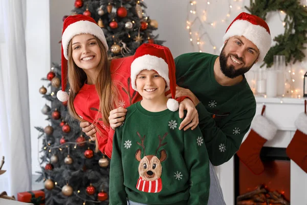 Happy Parents Little Son Santa Hats Home Christmas Eve — Stock Photo, Image