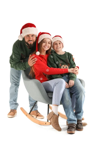 Happy Parents Little Son Santa Hats Sitting White Background — Stock Photo, Image