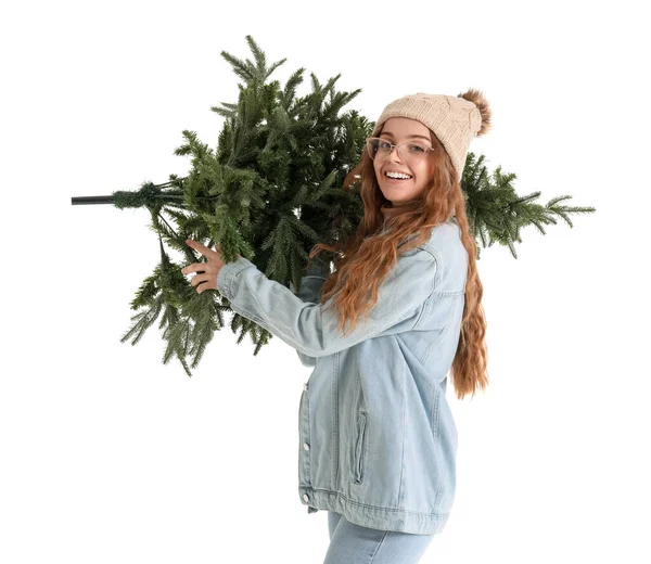 Junge Frau Mit Weihnachtsbaum Auf Weißem Hintergrund — Stockfoto