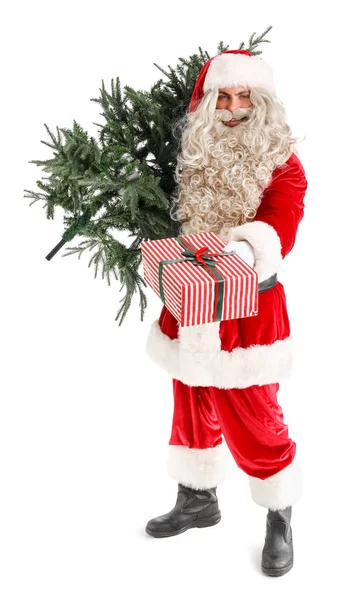 サンタクロースとクリスマスツリーとギフト白を背景に — ストック写真