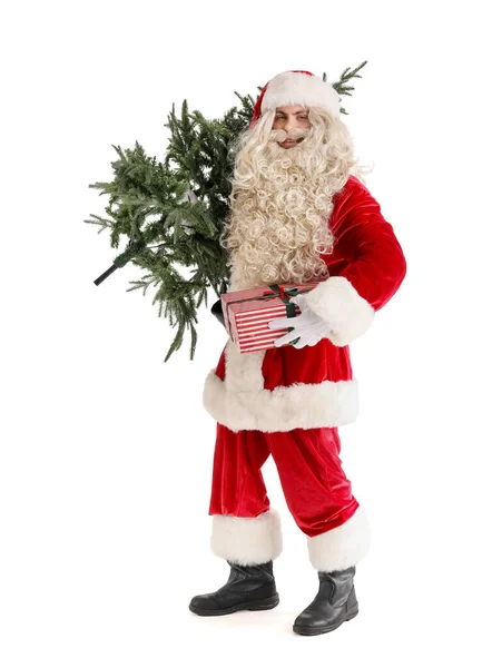 Weihnachtsmann Mit Weihnachtsbaum Und Geschenk Auf Weißem Hintergrund — Stockfoto
