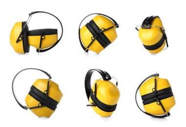 Beyaz arkaplanda sarı işitme koruyucu kolajı