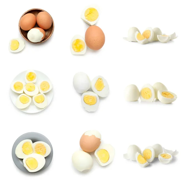 Set Van Vele Gekookte Eieren Geïsoleerd Wit — Stockfoto