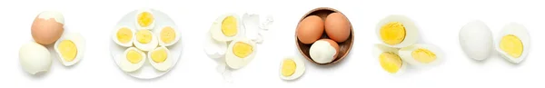 白で隔離された健康的なゆで卵のセットトップビュー — ストック写真