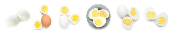 Conjunto Ovos Cozidos Saudáveis Isolados Branco Vista Superior — Fotografia de Stock
