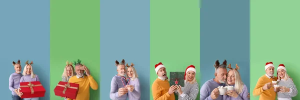 Állítsa Boldog Érett Pár Színes Háttér Karácsonyi Ünnepség — Stock Fotó