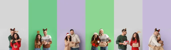 Σύνολο Ευτυχισμένο Ζευγάρι Στο Φόντο Χρώμα Χριστουγεννιάτικη Γιορτή — Φωτογραφία Αρχείου