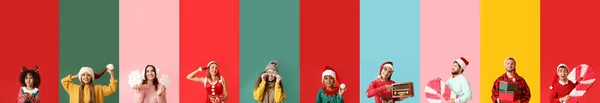 Σύνολο Πολλών Διαφορετικών Ανθρώπων Στο Φόντο Χρώμα Χριστουγεννιάτικη Γιορτή — Φωτογραφία Αρχείου