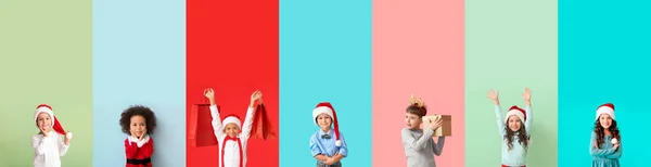 Állítsa Aranyos Gyerekek Színes Háttér Karácsonyi Ünnepség — Stock Fotó
