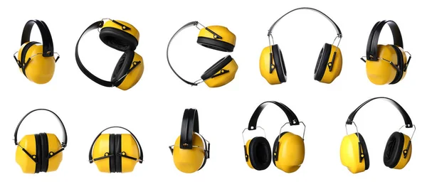 白色背景的黄色听觉保护器组 — 图库照片
