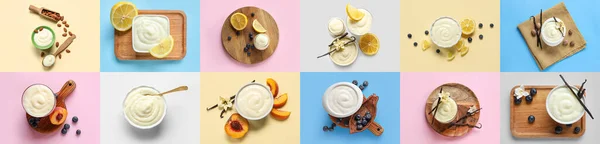 Collage Von Leckerem Pudding Auf Farbigem Hintergrund Draufsicht — Stockfoto