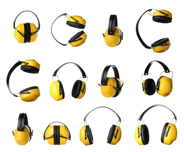 收集白色背景的黄色听觉保护器 — 图库照片