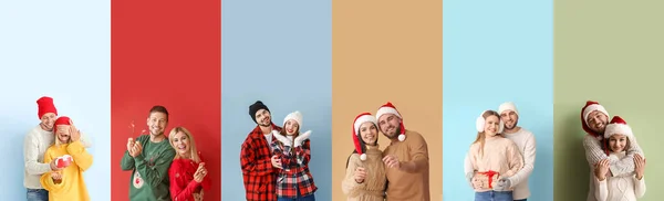 Set Von Glücklichen Paaren Auf Buntem Hintergrund Weihnachtsfeier — Stockfoto