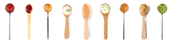 Collage Spoons Different Sauces White Background — Stock Photo, Image