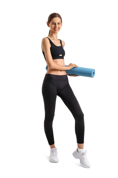 Sportliche Junge Frau Mit Yogamatte Auf Weißem Hintergrund — Stockfoto
