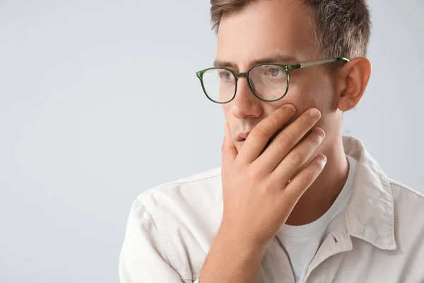 Stressed Young Man Eyeglasses Light Background Closeup — Stock Photo, Image