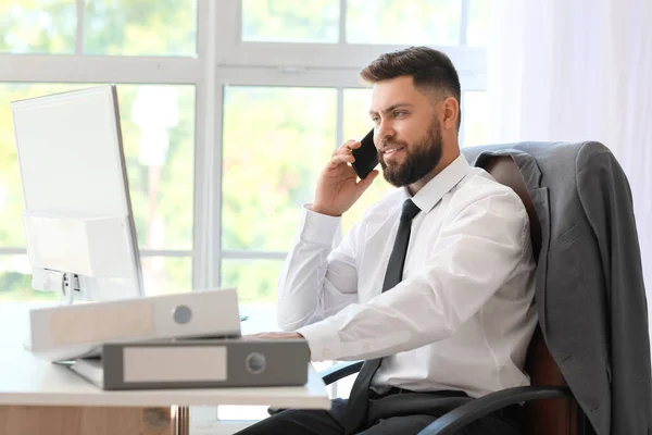 Handsome Bank Manager Talking Mobile Phone Table Office — Stock Photo, Image