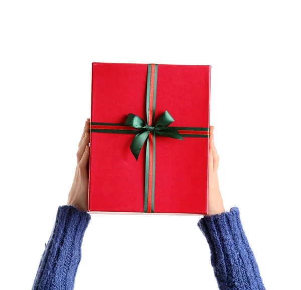 Mulher Com Caixa Presente Natal Vermelho Fundo Branco — Fotografia de Stock