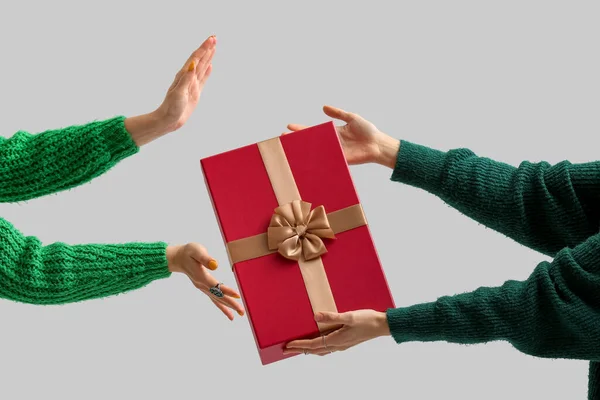 Women Red Christmas Gift Box Grey Background — Stock Photo, Image
