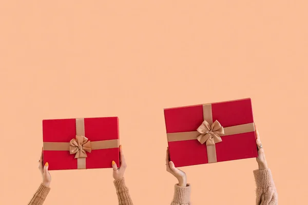 Women Christmas Gift Boxes Beige Background — Stock Photo, Image