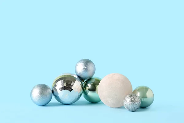 Set Beautiful Christmas Balls Blue Background — Stock Photo, Image