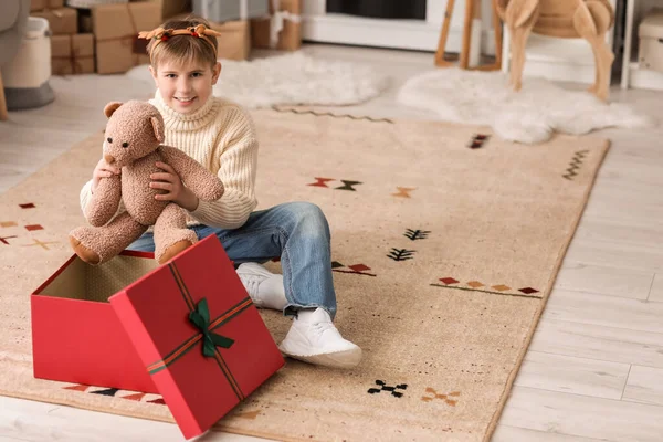 Little Boy His New Toy Home Christmas Eve — Stock Photo, Image