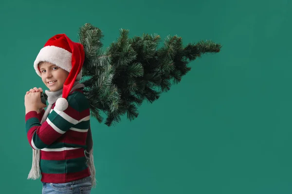 stock image Little boy in Santa hat with Christmas tree on green background