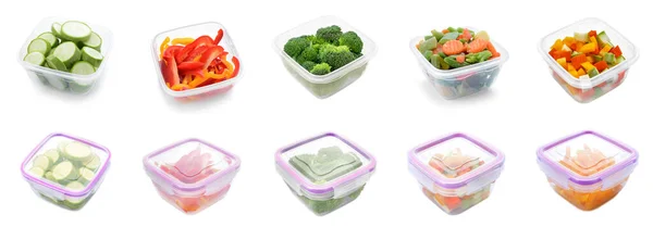 Set Plastic Bakjes Met Verse Groenten Witte Achtergrond — Stockfoto