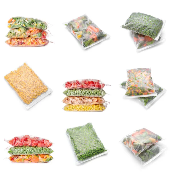 Group Plastic Bags Frozen Vegetables White Background — Stock Photo, Image