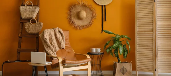 Stylish Interior Modern Room Eco Style Armchair Tables Folding Screen — Stock Photo, Image