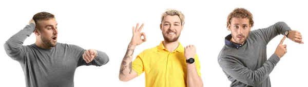 白い背景に腕時計の腕時計を持つ感情的な若い男性のグループ — ストック写真