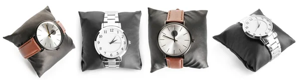 Collage Elegantes Relojes Pulsera Masculinos Sobre Fondo Blanco — Foto de Stock