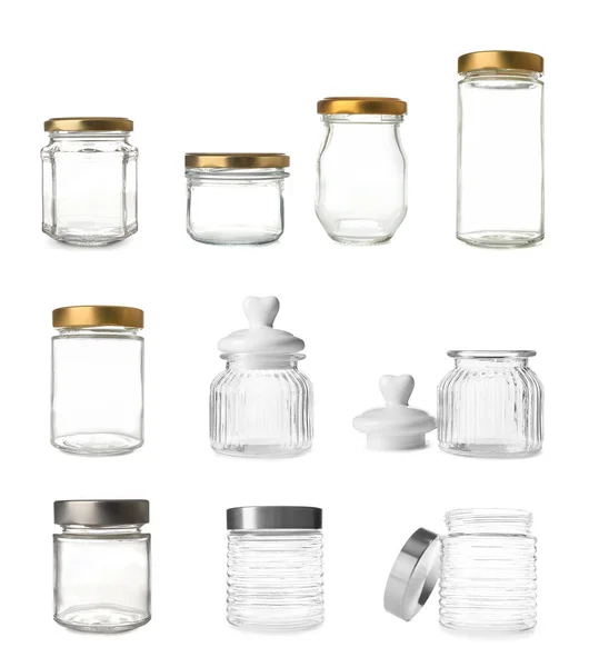 Collage Empty Jars White Background — Stock Photo, Image