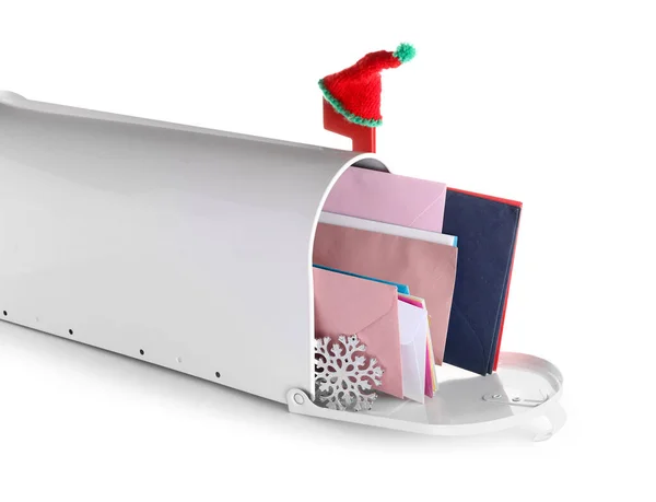 Postbus Met Brieven Aan Kerstman Sneeuwvlok Hoed Witte Achtergrond — Stockfoto
