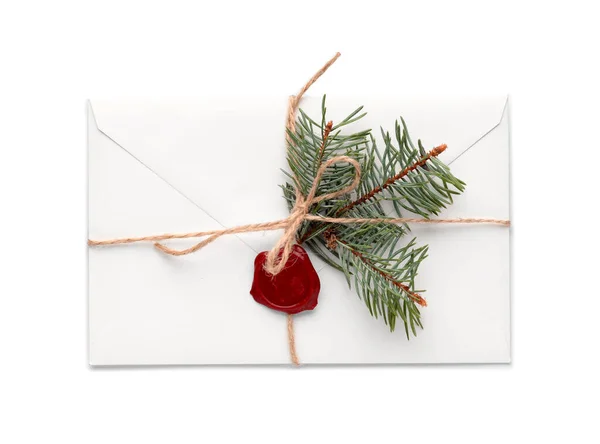 Carta Papai Noel Com Ramos Natal Sobre Fundo Branco — Fotografia de Stock