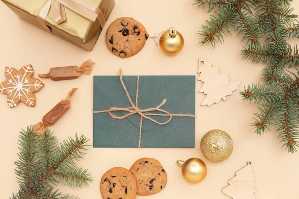 Letter Santa Christmas Decor Candies Cookies Beige Background — Stock Photo, Image