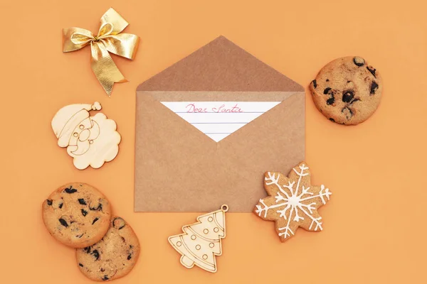 Letter Santa Cookies Christmas Decor Orange Background — Stock Photo, Image