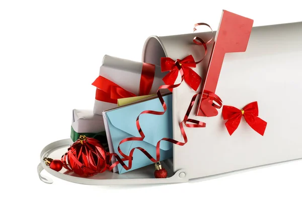 Mailbox Letters Santa Presents Christmas Decor White Background — Stock Photo, Image
