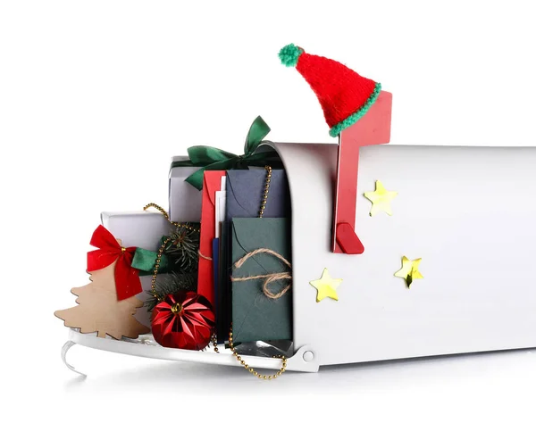 Postbus Met Brieven Aan Kerstman Cadeautjes Kerstdecor Witte Achtergrond — Stockfoto