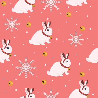 Geyik boynuzlu şirin tavşanlar ve pembe arka planda Noel dekoru. Tasarım için desen