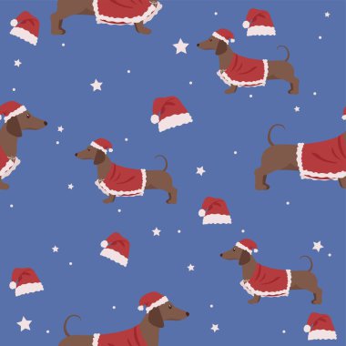 Mavi arka planda Noel Baba kostümlü şirin köpekler. Tasarım için desen