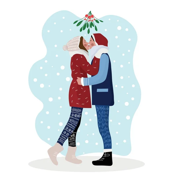 Couple Kissing Mistletoe Branch White Background — Stock Vector