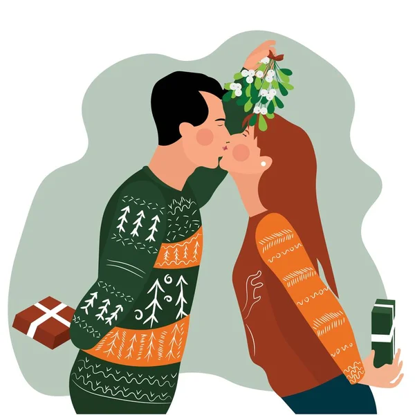 Pasangan Berciuman Bawah Cabang Mistletoe Pada Latar Belakang Putih - Stok Vektor