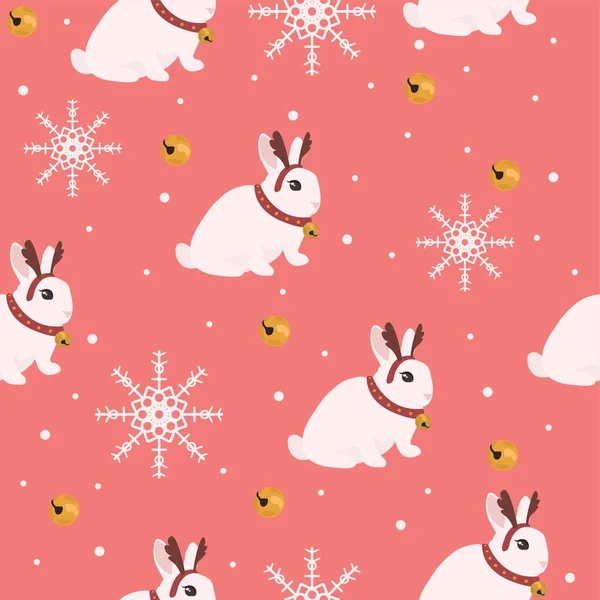 Cute Rabbits Deer Horns Christmas Decor Pink Background Pattern Design — Stock Vector