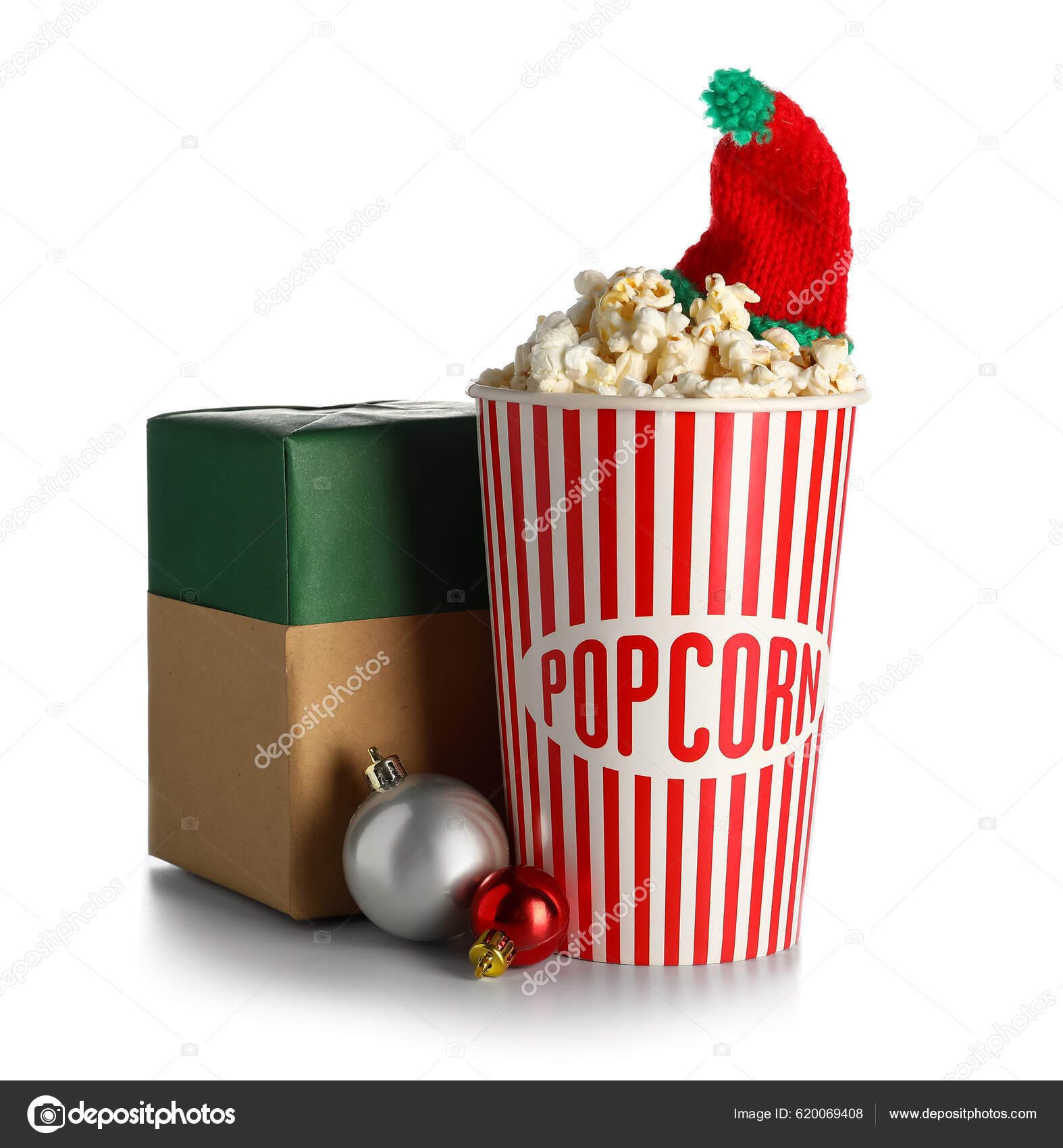 Bucket Popcorn Hat Christmas Balls Gift Box White Background Stock Photo by  ©serezniy 620069408